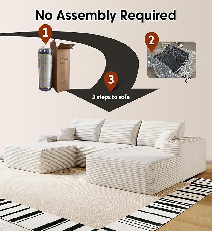 108" Sectional Couches for Living Room Modern Modular Sofa with L-Shape Couchs Upholstered Boneless Couch Deep Seat Sectional Couch with Chaise (White, Right Facing Chaise+2Seaters+1Ottoman)-HomvellaHome