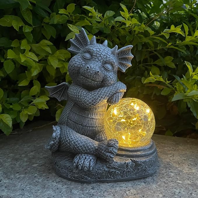 Garden Dragon Figurine Solar Powered Outdoor Cute Dragon with Hold Glowing Glass Ball Resin Sculpture for Porch Patio Lawn Farm Yard Home Decoration Gift for Women Housewarming-HomvellaHome