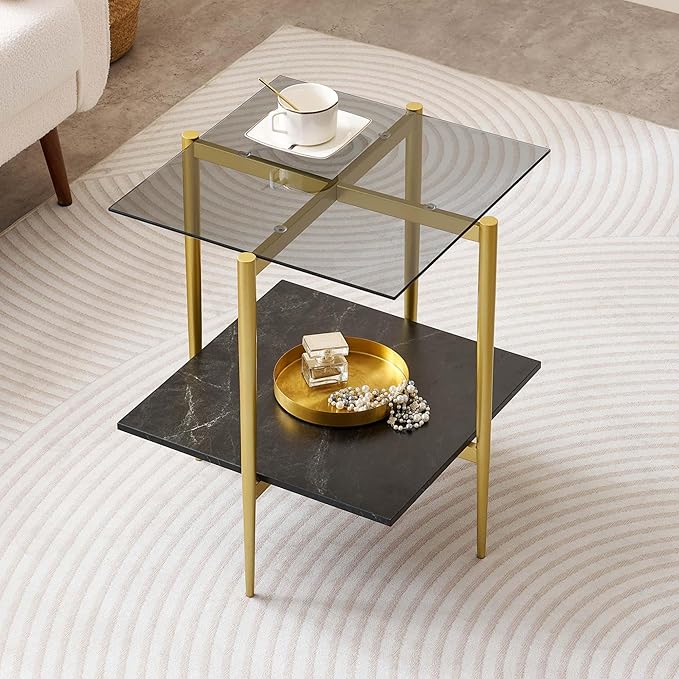 Glass End Table, Mid-Century Modern Design Sofa Table, for Living Room, L18 x W18 x H23 in, Clear Glass Top and Walnut MDF Shelf, Sleek Conical Metal Legs with Gold Finish Frame-HomvellaHome