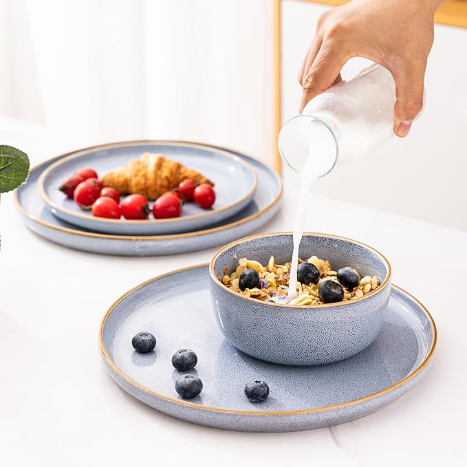 GBHOME Ceramic Dinnerware Sets for 4, 12 Pieces Stoneware Plates and Bowls Sets, Scratch Resistant Dishe Set for Dinner, Dishwasher & Microwave Safe, Brunnera Blue-HomvellaHome