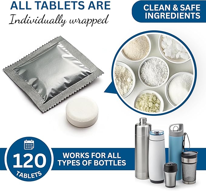 120-pcs Water Bottle Cleaner Tablets, Chlorine-free, Water Bottle cleaner, Tumbler washer and Glass bottle cleaner Removes stubborn stains and Freshens glass bottles and utensils-HomvellaHome