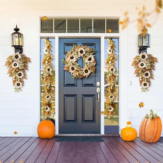 Glitzhome 24''D Artificial Fall Wreath for Front Door, Autumn Wreath with Sunflower, Pumpkin and Leaf, Metal Hanger for Farmhouse Indoor Outdoor Window Wall Door Decor-HomvellaHome
