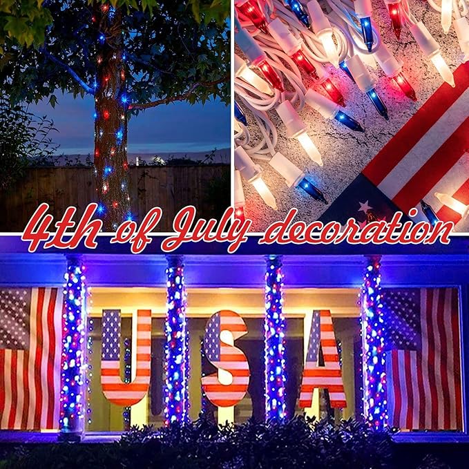 100LIGHTS RED White and Blue Extra-Bright with End Connectors 4th July Decoration Patriotic Mini String Lights 5.98m UL Certified Waterproof for Home Garden Holiday Tree Party Patio-HomvellaHome