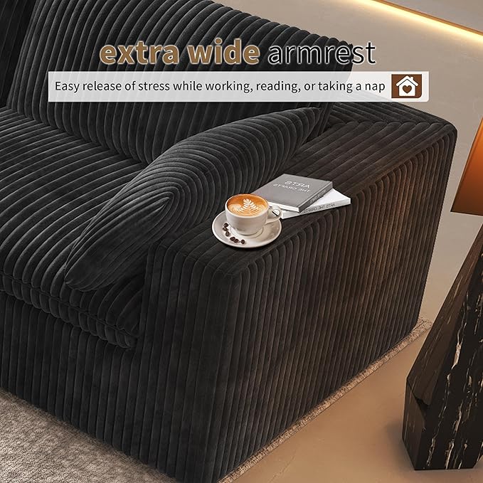 118" U Shaped Modern Sofa Modular Sectional Cloud Couch with 2 Ottoman,Upholstered Couches with Plush Corduroy Fabric for Living Room Furniture,Bedroom and Apartment,No Assembly Required,Black-HomvellaHome