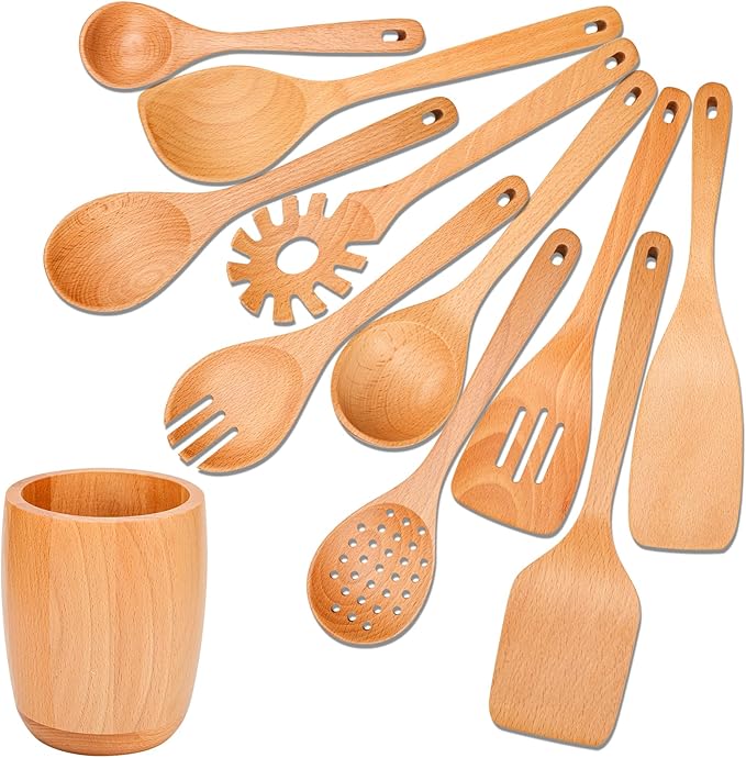 11 PCS WOSPONFAN Kitchen Utensils Set - Wooden Spoons for Cooking, Natural Beech Wood Wooden Utensils - Includes Wooden Spoons, Spatula Set, Slotted Spoon - Handmade Wooden Spoon Set-HomvellaHome
