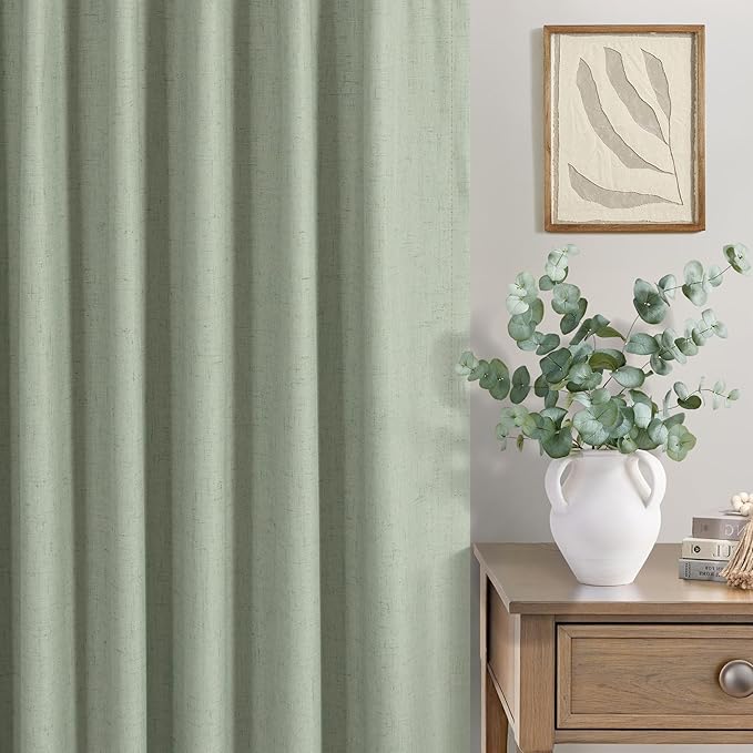 Green Country Kitchen Curtains 45 Inch Length Short Small Basement Window Blackout Cooling Curtains for Summer Heat Linen Cafe Bathroom Classroom Dorm RV Camper Sage Green Drapes with White Backing-HomvellaHome