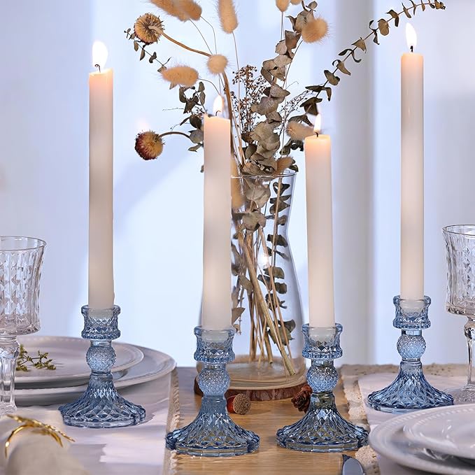 12Pcs 4" H Aqua Blue Candlestick Holders Set- Taper Candle Holders Bulk, Glass Candle Holders for Wedding, Party, Romantic Dinner Table Centerpieces, Festival Gifts & Windowsill Decor-HomvellaHome