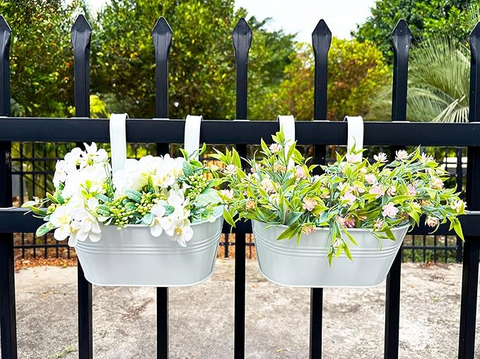 10" Hanging Flower Pots, Pack of 2 White Metal Outdoor Patio Balcony Planter, Railing Planters Fence Pot with Detachable Hook & Drainage Hole for Small Plants (White, 2Pcs)-HomvellaHome