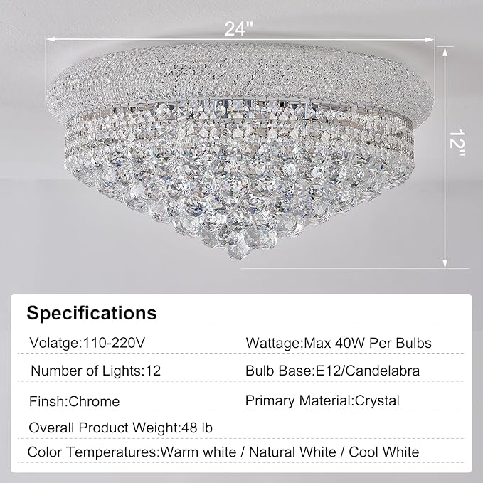 12-Light Crystal Flush Mount Chandelier Ceiling Light Fixture for Living Room Dining Room Bedroom Foyer Entryway Hallway Closet Bathroom (Chrome D24)-HomvellaHome