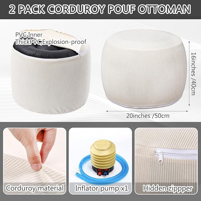 2 Pack Round Inflatable Pouf Ottoman Foot Rest for Couch 20 x 16 Inch Cozy Portable Floor Corduroy Poufs Foot Stool Ottoman with Pump for Living Room Bedroom Chair, Beige-HomvellaHome