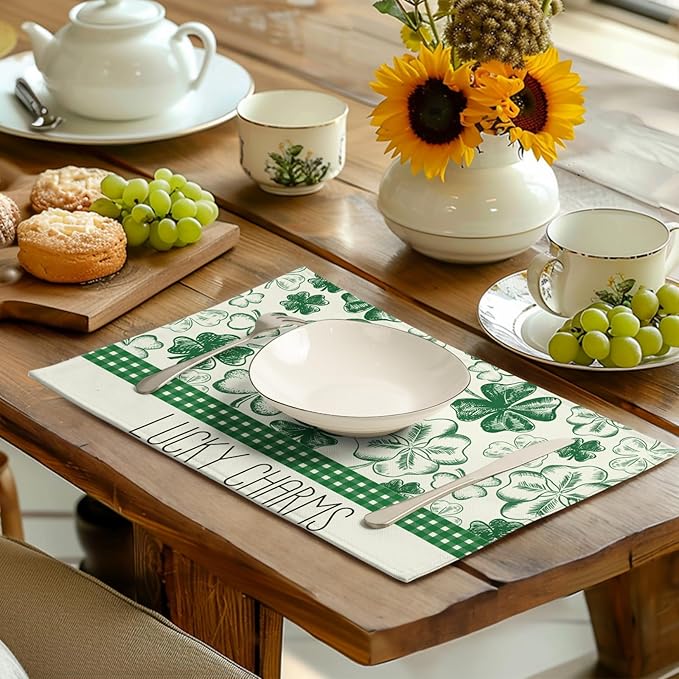 Green Shamrock St Patricks Day Placemats Set of 4 Lucky Clover Plaid Check Table Mat 12x18 Inch St. Patrick's Day Seasonal Holiday Place Mats Spring Linen Placemat for Party Kitchen Dining Decor-HomvellaHome