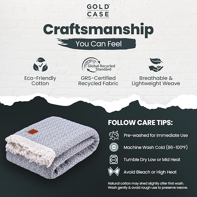 Gold Case Throw Blanket for Bed – 100% Recycled Turkish Cotton Bed Blanket – Decorative Throw Cotton Blankets for Living Room & Bedroom – Woven Twin Blankets - 71x90 - Grey-HomvellaHome