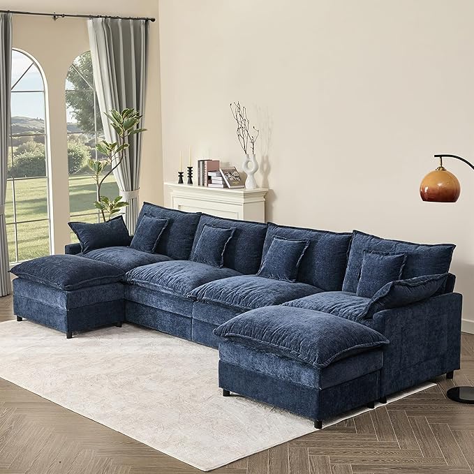 142.5" U Shaped Couch, Modular Sectional Sofa, 3-Seater Comfy Cloud Couch with Movable Ottoman, Deep Seat Couches for Living Room, Chenille, Navy-HomvellaHome