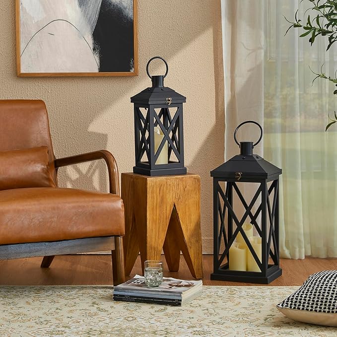 Glitzhome Modern Farmhouse Wooden Lantern Hanging Decorative Candle Lantern for Outdoor & Indoor Black Set of 2 (No Glass)-HomvellaHome