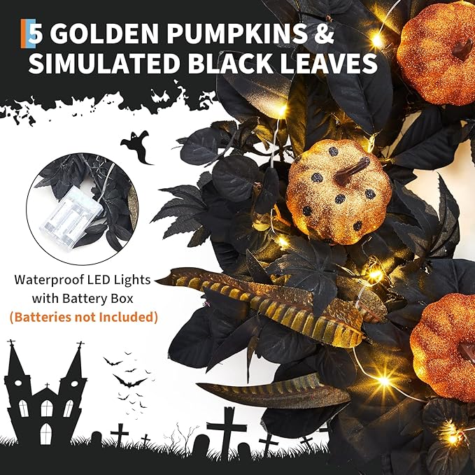 GarveeHome Halloween Wreath for Front Door, 18 Inch Fall Wreath with Pumpkins and Maple Leaves for Indoor Outdoor Wall Window Porch Patio Garden Farmhouse Home Party Prom Decoration-HomvellaHome