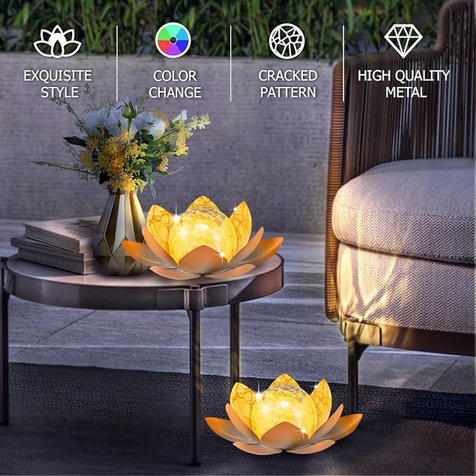 Garden Solar Light Outdoor(2Pack),Crackle Globe Glass Lotus Decoration, Waterproof Metal LED Flower Lights for Patio,Lawn,Walkway,Tabletop,Ground-HomvellaHome