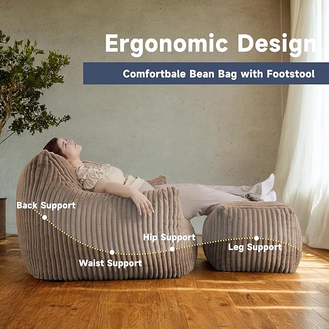 Giant Bean Bag Chairs for Adults, Oversized Chaise Lounge Chair Indoor with Memory Foam - Plush Boneless Lounger & Ottoman for Bedroom, Living Room, Gaming & Reading, Lazy Floor Sofa Chair, Khaki-HomvellaHome