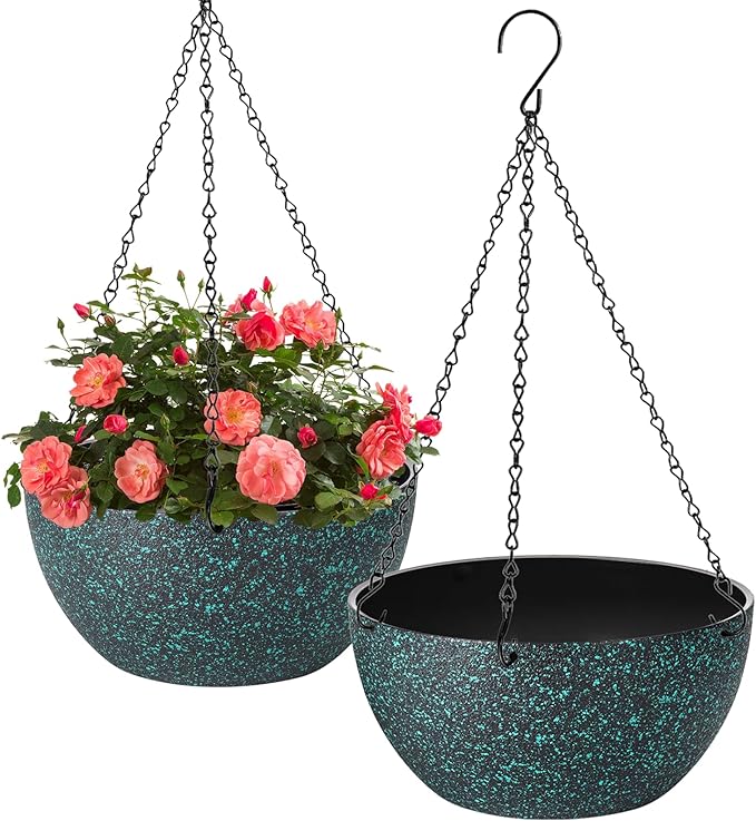 10 inch Hanging Planters for Indoor Plants, 2 Pack Planters for Outdoor Plants with Drainage Holes and Chain, Round Plastic Hanging Baskets, Hanging Flower Pots for Balcony Garden Decor-Black Speckle-HomvellaHome