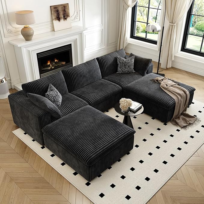 118" Cloud Couch Modular Sectional Sofa for Living Room,Modern Sofa with Deep Seat，U-Shape Boneless Couch with 2 Ottoman,Comfy Upholstered Corduroy Couches for Apartment, Studio, Office,Bedroom，Black-HomvellaHome