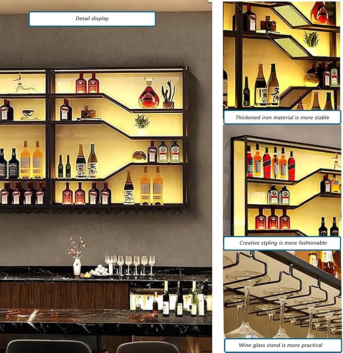 118in Wall Mounted Wine Rack with LED Light, 5-Tiers Liquor Bottles Display Shelf with Glasses Holder, Metal Home Bar Shelves with Industrial Iron Frame for Kitchen (Black, 118in/9.84ft)-HomvellaHome