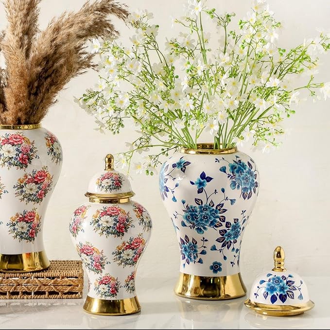 Ginger Jars for Home Decor, White and Gold Vase, Porcelain Ginger Jar Chinoiserie Blue and White Vase with Gold Trim and Floral Pattern, Ceramic Flower Vase for Home, Temple and Storage Jars(12in)-HomvellaHome