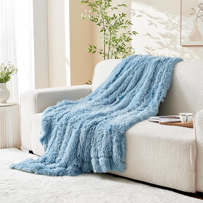 GONAAP Fuzzy Faux Fur Throw Blanket Twin Size Light Blue Super Soft Cozy Plush Fuzzy Shaggy Blanket for Couch Sofa Bed (Light Blue, Twin(60"x80"))-HomvellaHome