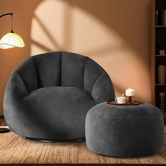 Giant Bean Bag Swivel Chair for Adults - Comfy Plush Round Shell Soft Accent Chaise Lounge Indoor Reading Chair, Oversized Cozy Floor Sofa for Living Room, Bedroom & Game Rooms, Dorm, Gray-HomvellaHome