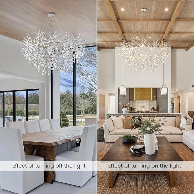 14-Light Modern Living Room Crystal Chandeliers,48" Round Silver Tree Branche Chandelier,Silver K9 Crystal Chandeliers for Dining Room,High Ceiling,Entryway、Foyer-HomvellaHome