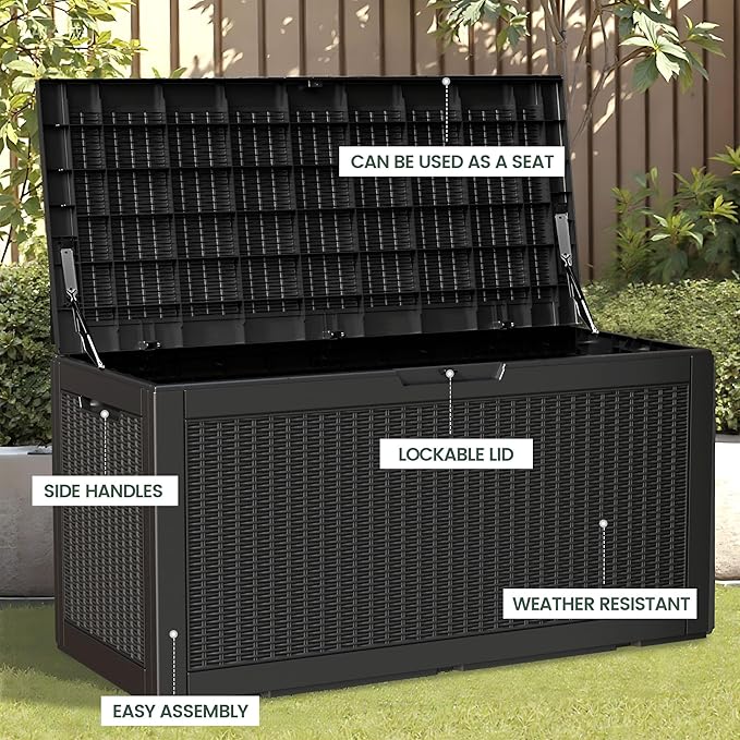 100 Gallon Storage Box, Waterproof Resin Deck Box with Hydraulic Piston Design, Lockable Storage Bench for Package Delivery, Storage Bin for Patio Cushions, Garden Tools, Black-HomvellaHome