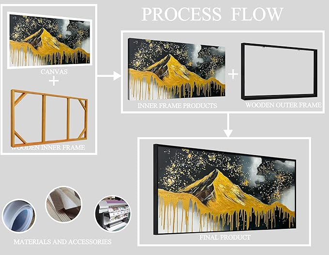Gold Mountains Painted Wall Art for Living Room - Hand Painted Abstract Wall Art for Office - Black Framed Wall Art for Bedroom Size 29" x 59"-HomvellaHome