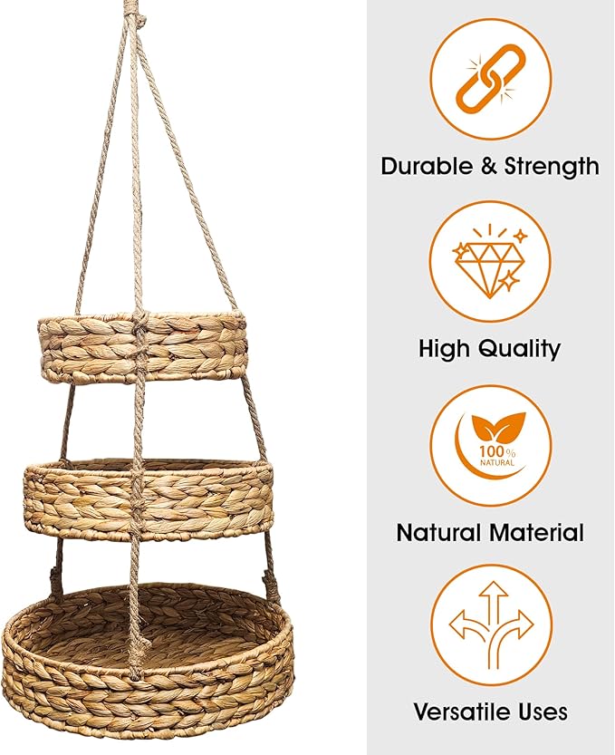 Generic HANFRUBASK - Hanging Fruit Basket Set of 3, Woven Water Hyacinth, Round, Beige, Rustic, Kitchen Storage & Organization-HomvellaHome