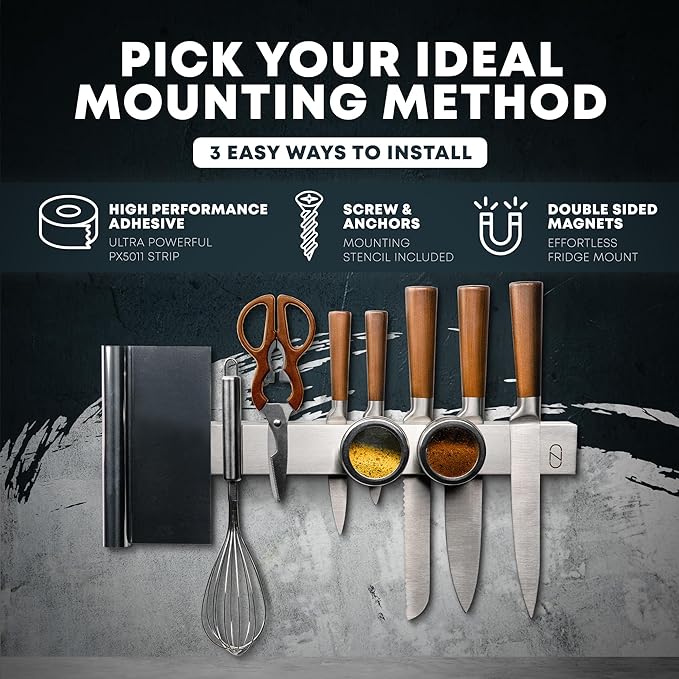 16" Magnetic Knife Holder for Wall with 2x Storage - Safe, Patented Storage Design - Stainless Steel Knife Magnetic Strip, Under Cabinet Knives Storage - Magnet Strip Rack Kitchen Utensil Organizer-HomvellaHome