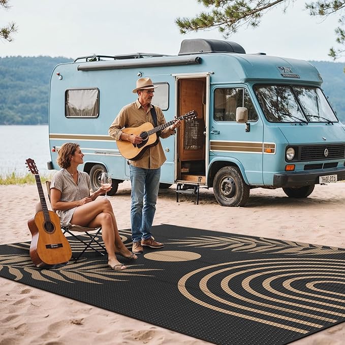 GENIMO Outdoor Rug 8' x 10' Waterproof for Patio Clearance, Reversible Lightweight Plastic Straw Camping Carpet, Large Area Rugs Mats for Rv, Backyard, Deck, Porch, Picnic, Balcony, Mix-Black & Brown-HomvellaHome