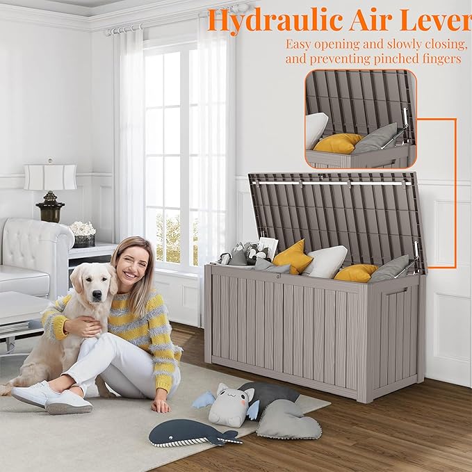 150 Gallon Resin Deck Box, Lockable Patio Outdoor Storage Box for Furniture, Garden Tools and Tools Storage, Waterproof Outside Storage Boxes - Grey-HomvellaHome