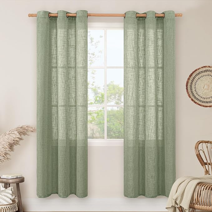 LAMIT Linen Curtians for Living Room 80 Inch Length, Bronze Grommet Light Filtering Semi Sheer Neutral Lightweight Rustic Farmhouse Boho Drapes for Bedroom, 2 Panels, Sage Green, 34 x 80 Inch-HomvellaHome