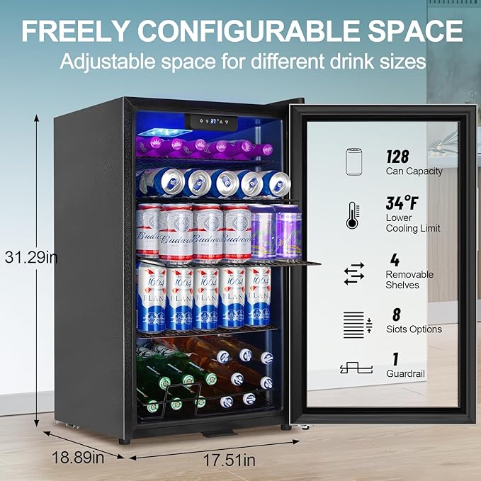 128 Cans Beverage Refrigerator Cooler, 3.2 Cu.Ft Mini Drink Fridge Glass Door for Drink Beer Soda Wine, Beer Fridge with 4 Removable Shelves for Kitchen Bedroom, Office Bar Gaming Room,Stainless Steel-HomvellaHome