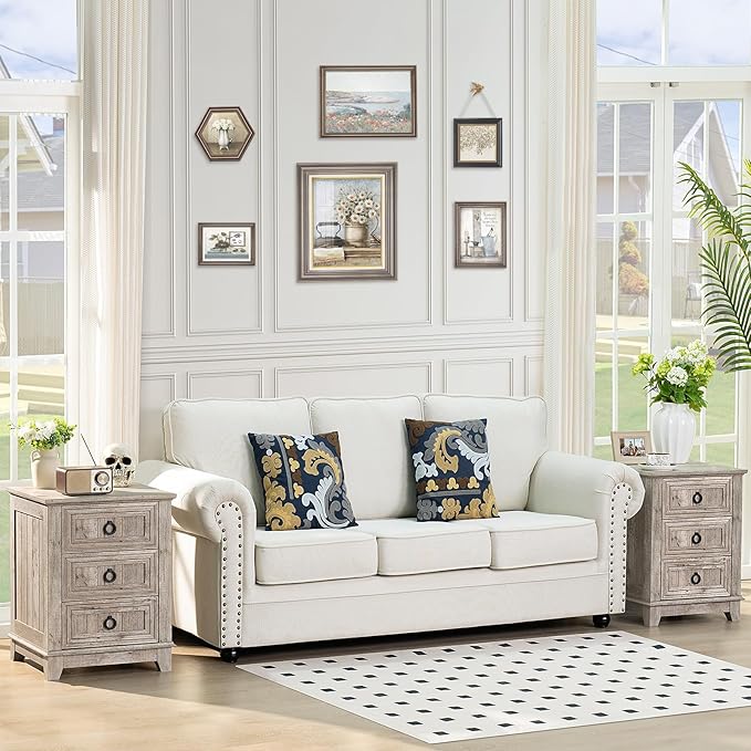 18" Farmhouse Night Stand with 3 Drawers, Wood End Table Dresser for Bedroom, Retro Oak Nightstand, Bed Side Table with Metal Handle, Bedside Cabinet for Bedroom Living Room, Closet-HomvellaHome