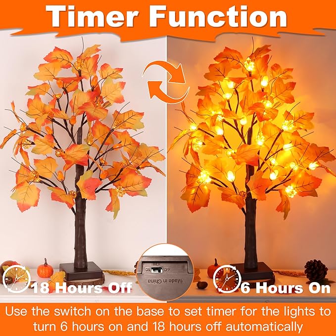 2 Pack 24 Inch Prelit Fall Maple Tree Fall Decor with 48 LED Timer Battery Operated Artificial Fall Light Up Tree Pumpkin Maple Acorn for Fall Thanksgiving Decorations Table Home Indoor Autumn Harvest-HomvellaHome