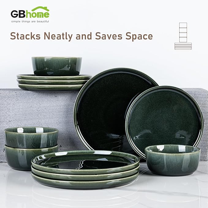 GBHOME Ceramic Dinnerware Sets for 6, 18 Pieces Stoneware Plates and Bowls Sets, Reactive Glaze Dishes -Scratch Resistant, Dishwasher&Microwave Safe, Earth Green-HomvellaHome