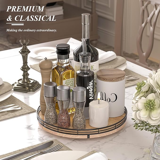 12" Lazy Susan Oak Wood Turntable Organizer for Cabinet, Farmhouse Round Wooden Lazy Susan Organization and Storage for Dining Table, Pantry, Kitchen, Bathroom, Countertop, Cupboard, Home Decor-HomvellaHome