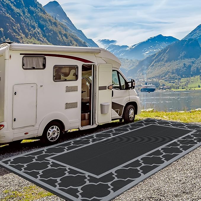 GENIMO 9' x 18' Outdoor Rug Waterproof for Patio, Foldable Reversible Plastic Straw Area Rugs Mat for Rv Decor, Outside Carpet for Camper, Deck, Picnic, Beach, Balcony, Porch, Black & Grey-HomvellaHome