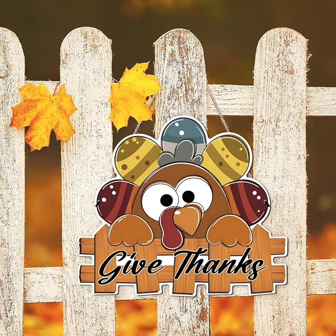 Give Thanks Sign Turkey Front Door Decor Thanksgiving Day Wood Door Hanger, Fall Wooden Thankful Wreath Hanging Decoration for Outdoor Outside Porch, Housewarming Gift-HomvellaHome