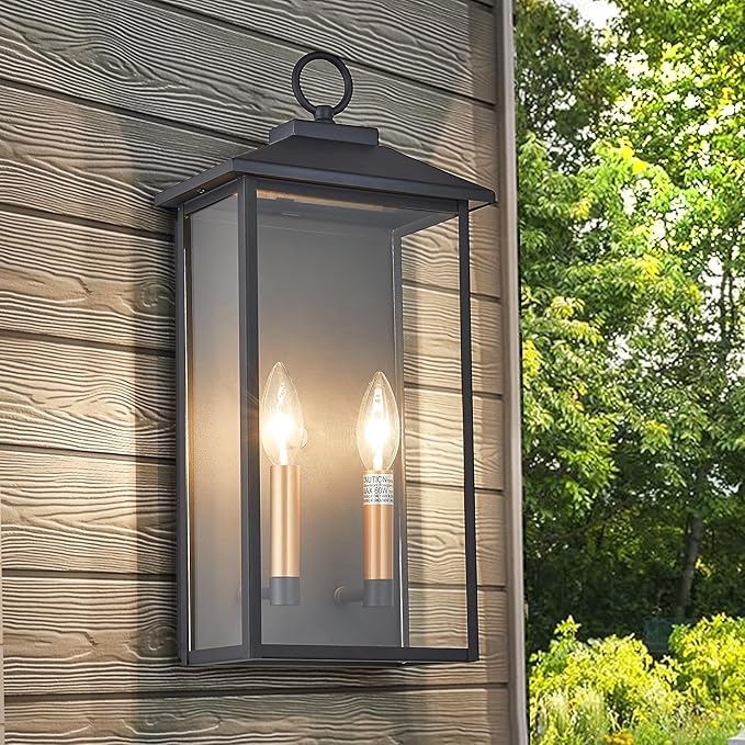 18 Inch Wall Light in Clear Glass and Textured Black and Golden Candle Cap Sleeve,Outdoor Lighting Wall Sconce,2-Light 120watts for House Doorway Garage,Bulb Not Included.-HomvellaHome