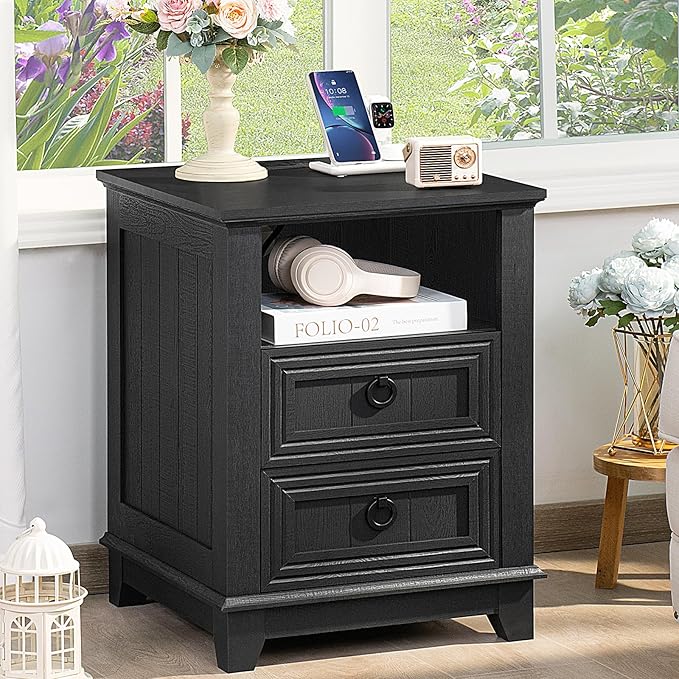 18" Farmhouse Night Stand with Charging Station, 2 Drawers End Table Dresser for Bedroom, Black Wooden Nightstand, Bed Side Table with Open Shelf, Bedside Cabinet for Living Room, Closet-HomvellaHome