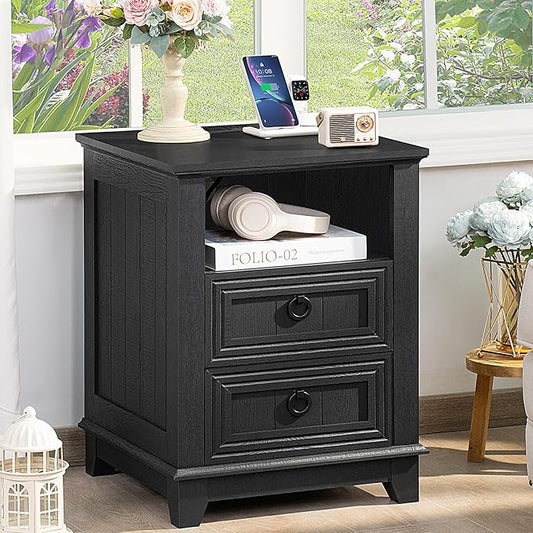 18" Farmhouse Night Stand with Charging Station, 2 Drawers End Table Dresser for Bedroom, Black Wooden Nightstand, Bed Side Table with Open Shelf, Bedside Cabinet for Living Room, Closet-HomvellaHome
