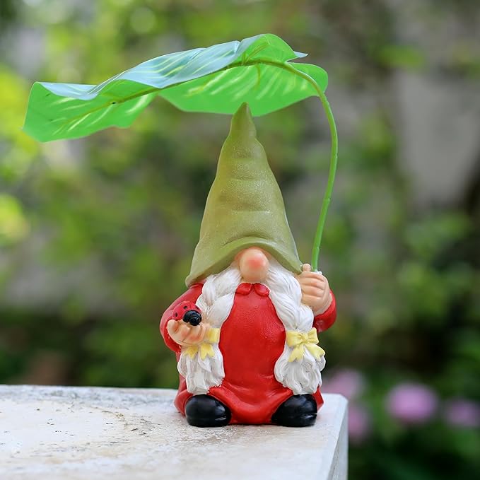Garden Female Gnome Statue Decoration with Leaf Umbrella, 7.5” Figurine Ornament for Indoor Outdoor Home Patio Yard Lawn, for Gnome Lovers & Garden Enthusiasts，Mom，Women-HomvellaHome