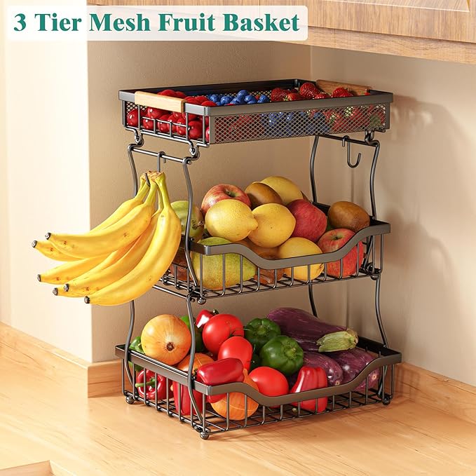 Giwil 3 Tier Countertop Fruit Mesh Basket for Kitchen, Vegetable Storage Bread Fruit Bowl Stand with 2 Banana Hooks, Wall Mounted Metal Wire Basket Organizer for Potato Onion, Black-HomvellaHome