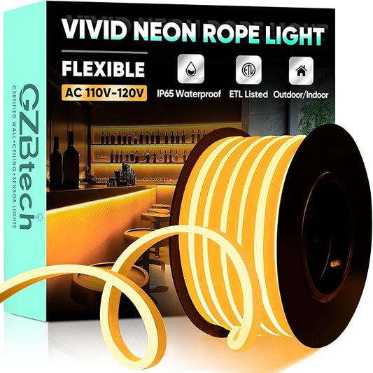 GZBtech Flexible LED Neon Rope Lights 33FT,AC 110-120V Waterproof Strip Light, 120 LEDs/M Cuttable Connectable Neon Lighting for Indoor Outdoor Home Decor/Commercial Building Use-Amber 10M-HomvellaHome