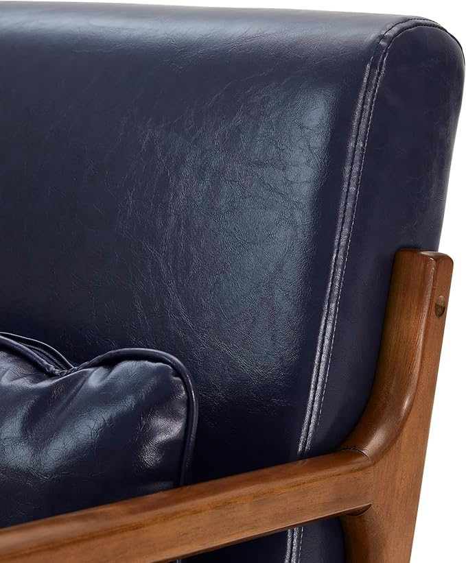 Glitzhome 2 Set Mid Century Navy Blue Accent Armchair, Single Reading Armchair PU Leather Lounge Chair with Walnut Ruberwood Frame-HomvellaHome
