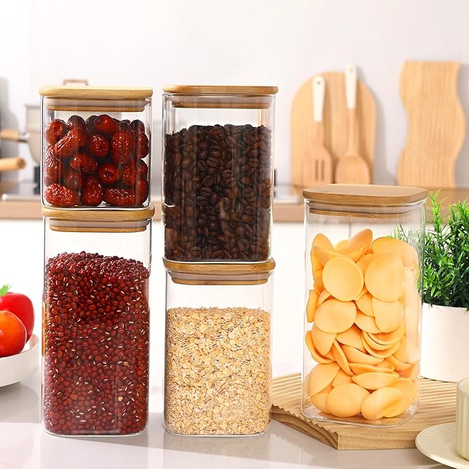 Glass Food Storage Jars with Lids(24oz/37oz/50oz)Square Set of 6 ,Glass Storage Containers Clear Glass Food Canister with Bamboo Lid Airtight For Serving Tea, Coffee Beans, Candy,Spice and More-HomvellaHome